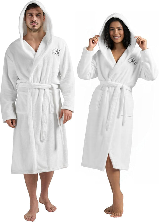 AW BRIDAL 2Pcs Mr and Mrs Robes for Couples Fleece, Matching Long Hooded Robes for Men Women, His and Hers Wedding Gifts
