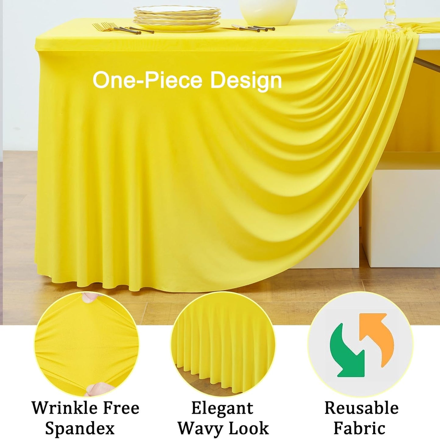 2 Pack Yellow Spandex Table Clothes for 8 Foot Rectangle Tables, Wrinkle Free Lemon Fitted Tablecover 8ft Stretchy Tablecloths with Skirt for Parties Weddings Birthday Banquet Baby Shower
