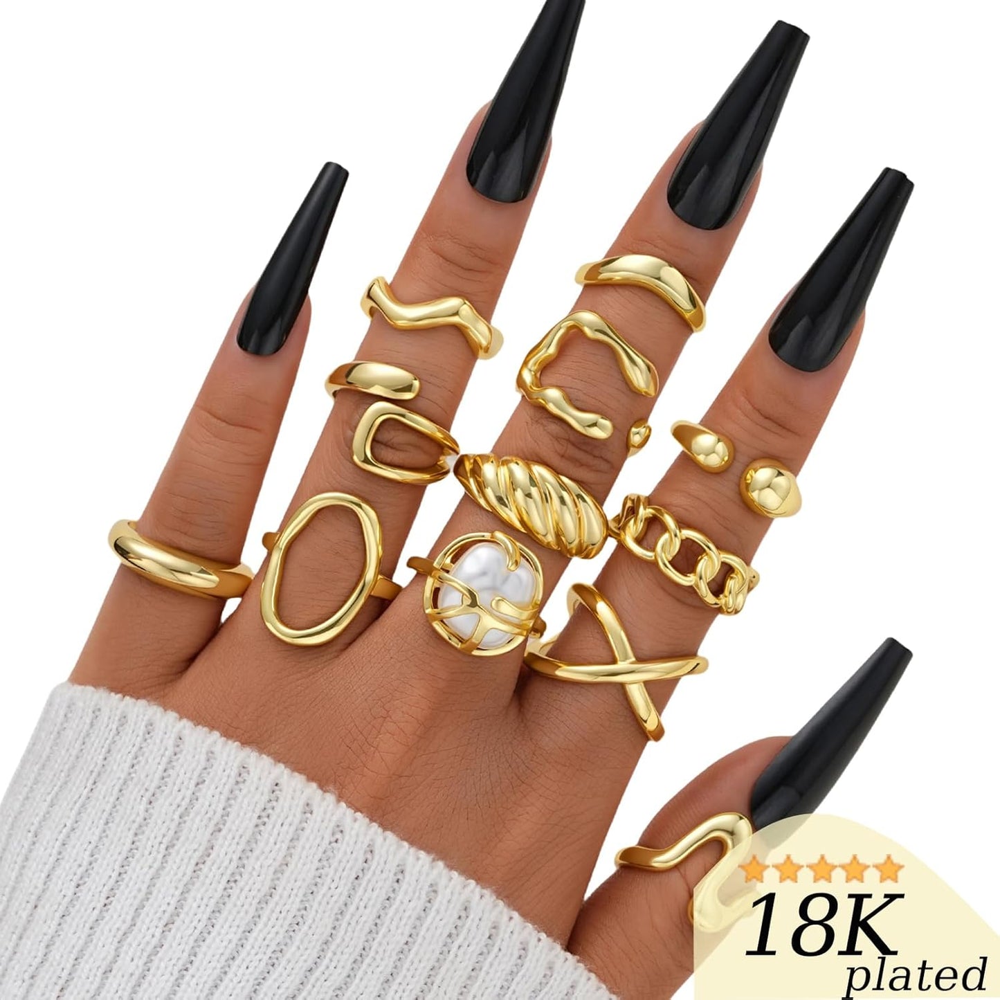FAXHION 12PCS Gold Stackable Rings Set for Women, 18K Gold Plated Open Stacking Knuckle Ring, Adjustable Chunky Signet Band Statement Ring for Gift