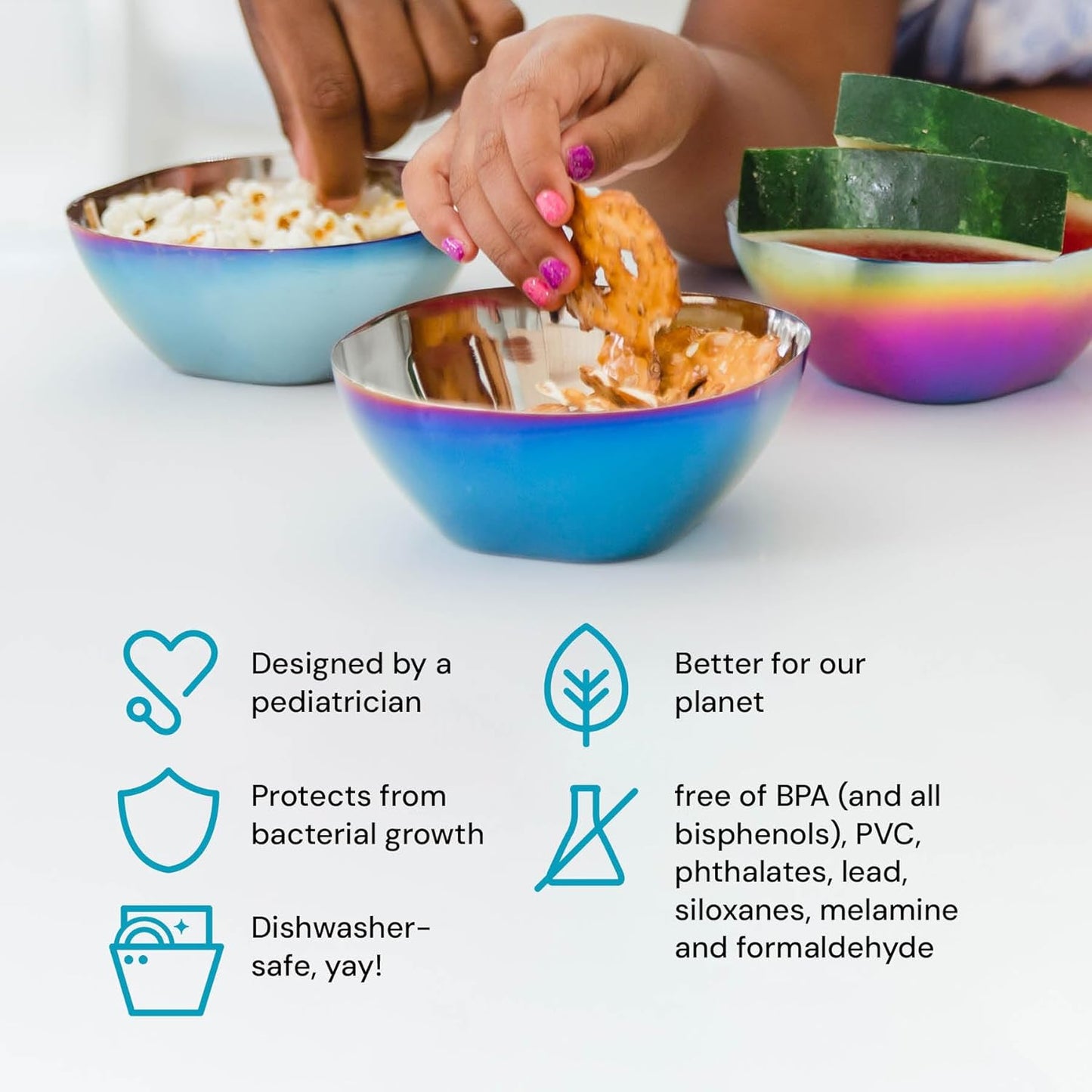 Ahimsa Stainless Steel Bowls for Kids | Non Toxic, Pediatrician Designed Toddler Bowls 12oz | Durable Metal Kids Bowl, Easy to Clean, Dishwasher Safe | Set of 4 Fun Blue