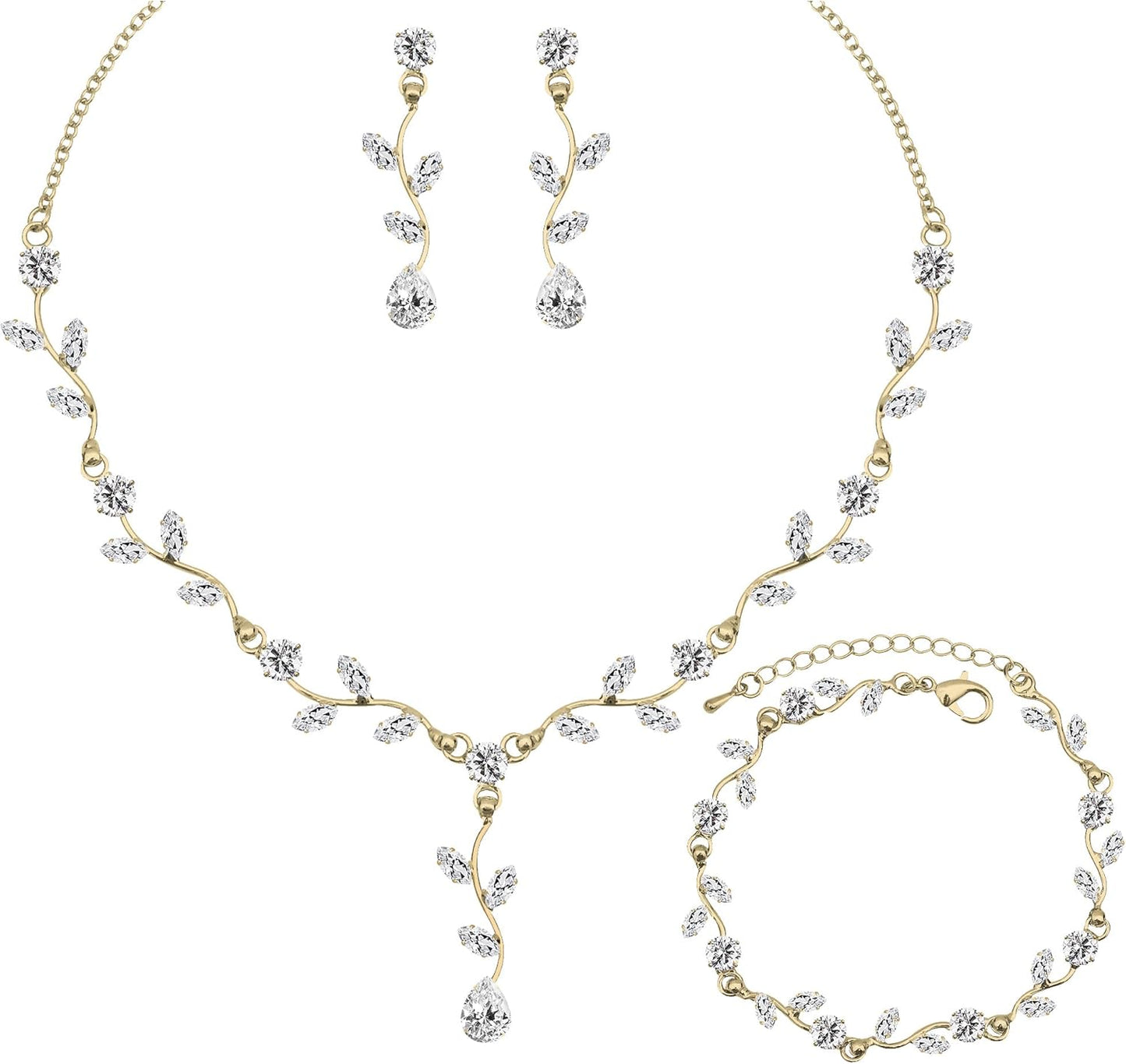 Elegant Bridal Jewelry Sets for Wedding Bride Leaf Shape Cubic Zirconia Necklace Earrings Bracelet Set Prom Costume Accessories