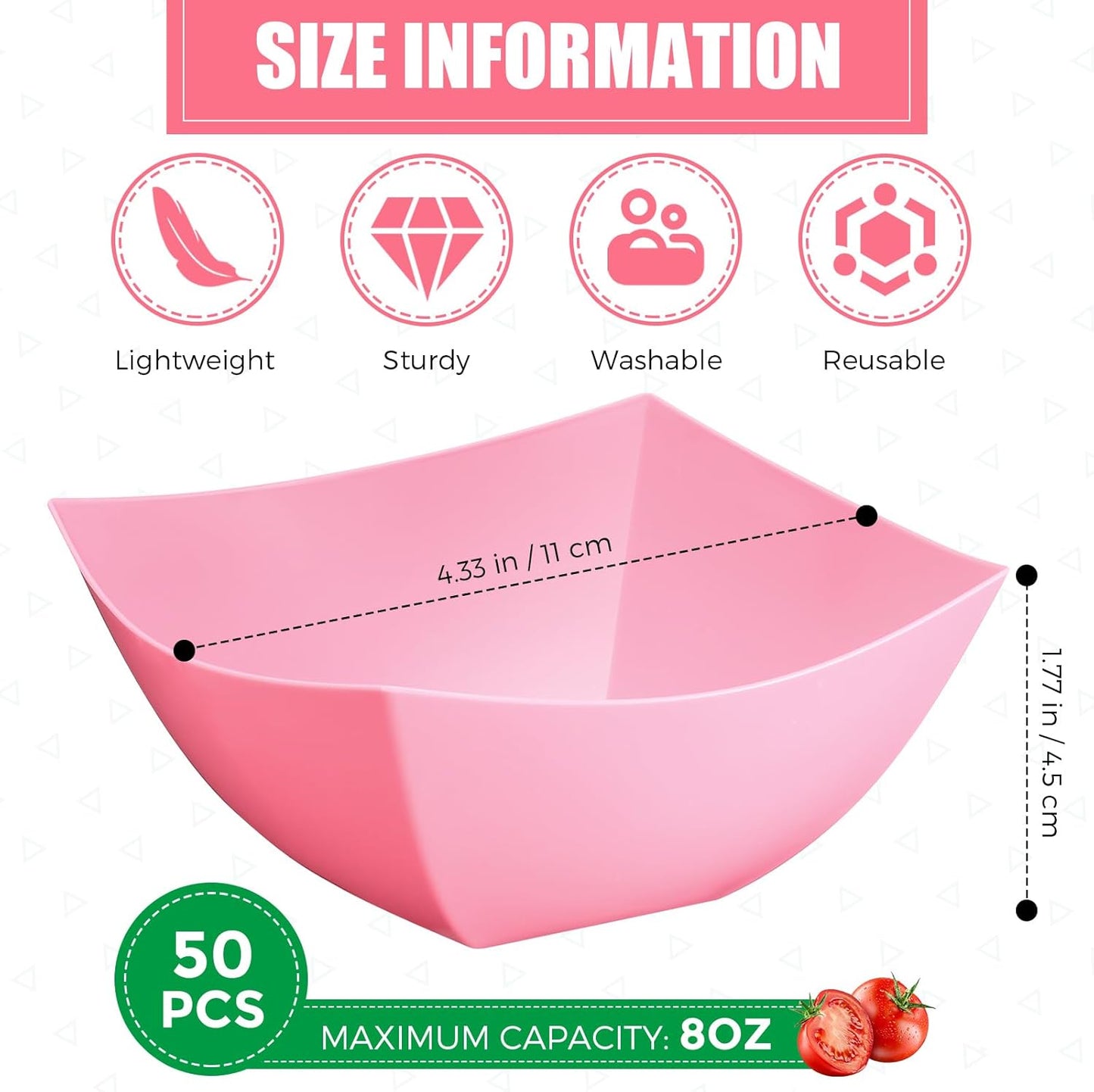 Tanlade 50 Pcs Square Plastic Serving Bowls Disposable Snack Salad Bowl Small Party Candy Bar Containers Taco Bar Serving Dishes for Buffet Chips Fruit (8 oz,Pink,Green)