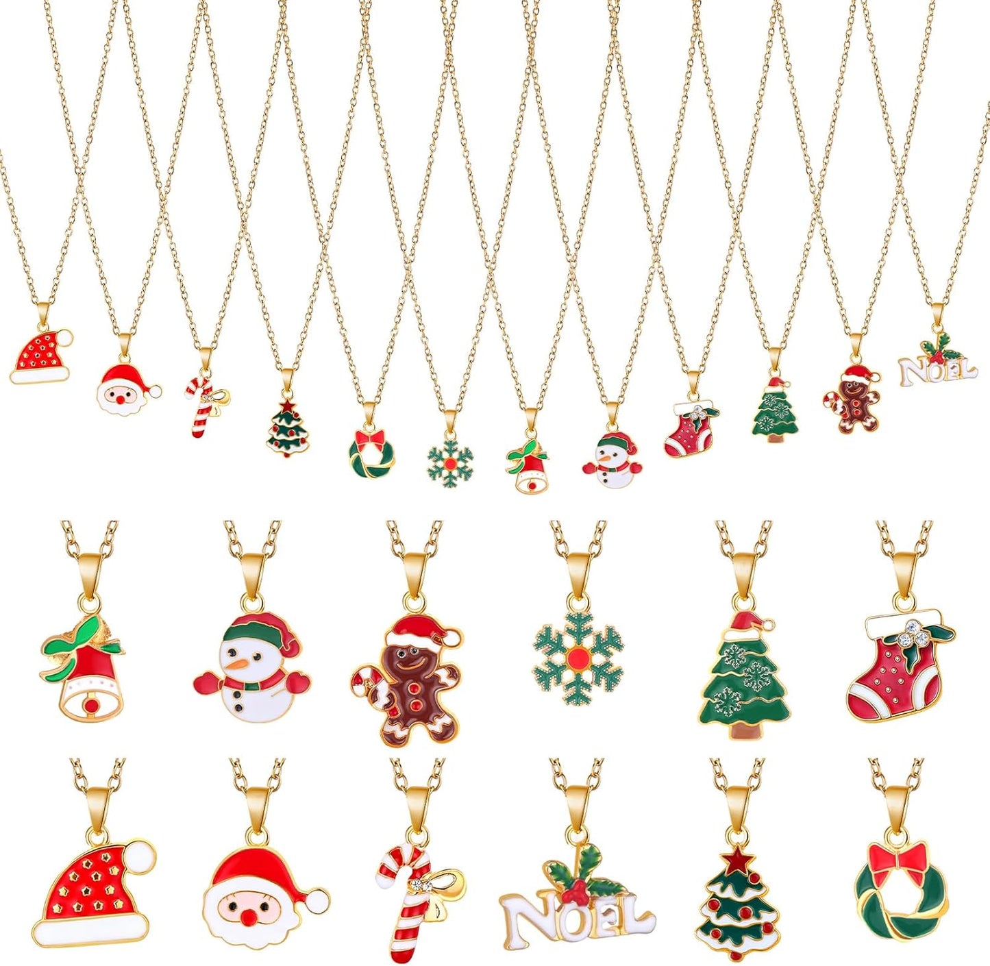 Cunno 48 Pieces Christmas Necklaces Bulk Crystal Xmas Tree Santa Reindeer Pendant Necklace Women Bell Snow Christmas Cute Charm Jewelry Gifts for Wife Mother Friends Sister