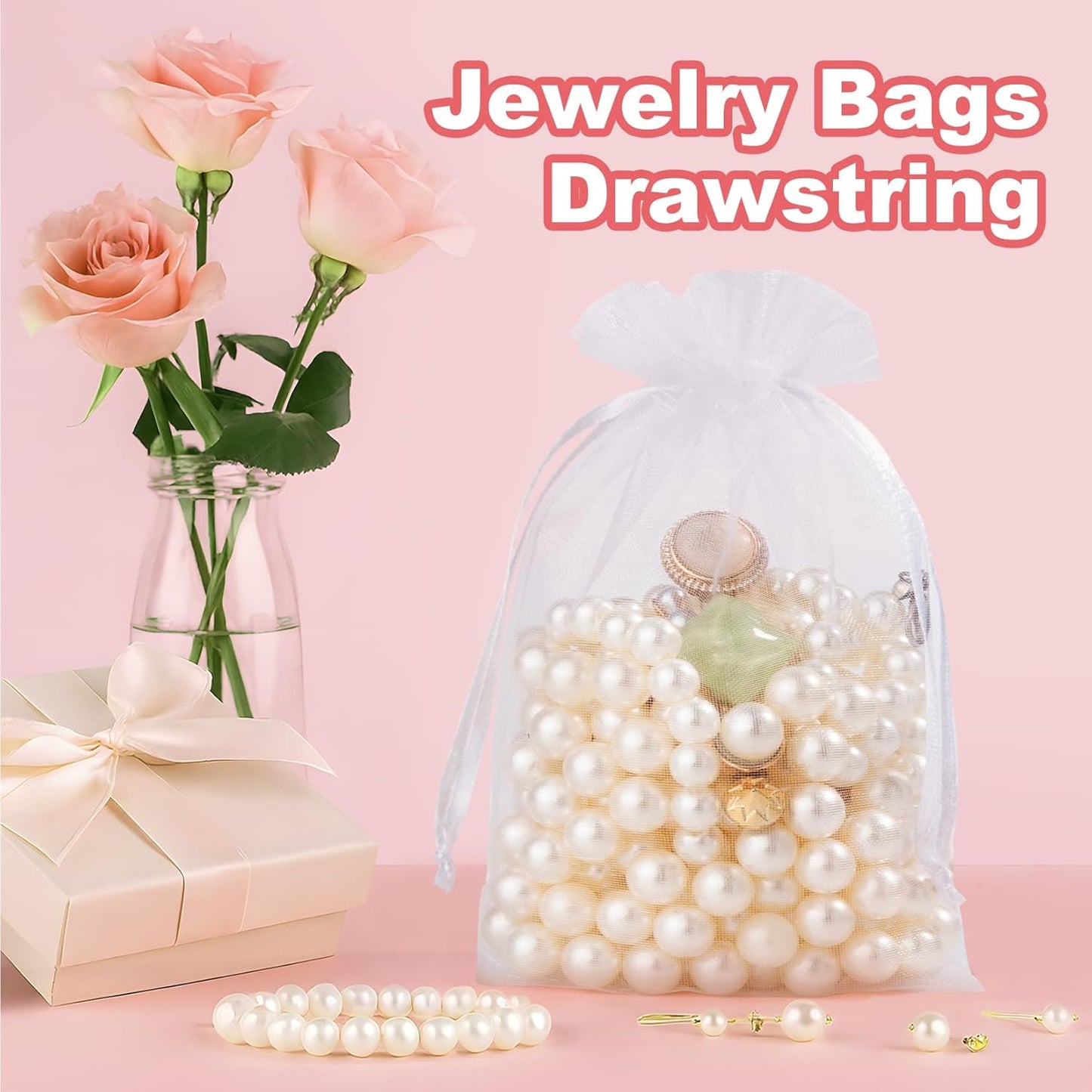 Crweety 50 Pack White Organza Bags 5x7 Inch, Small Mesh Gift Bags for Jewelry Sachet, Elegant Small Mesh Bag Drawstring for Candy Wedding Party Favor, Bridal Shower, Baby Shower & Christmas Gifts