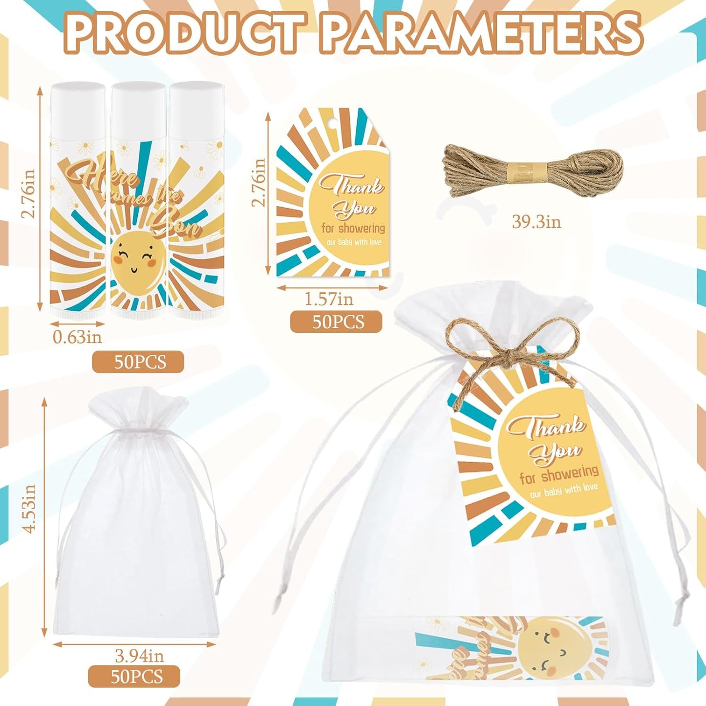 50 PCS Here Comes The Sun Baby Shower Lip Balms Bulk Gift for Guests,Thank You Gifts Sun Birthday Supplies Stuffers, Favors Boys Girls Games Neutral Gender Reveal Thanksgiving Christmas Gifts (Sun)