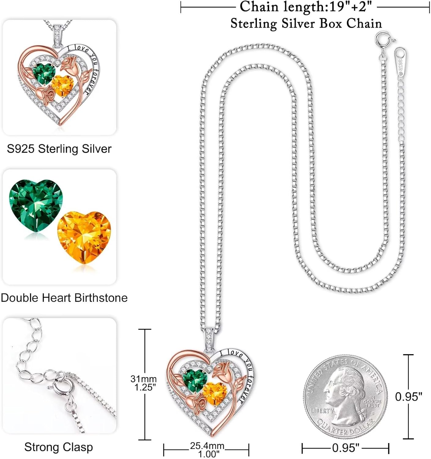 Iefil Birthstone Necklace for Women - Sterling Silver Birthstone Necklace Anniversary Birthday Gifts for Her Wife Mom Daughter