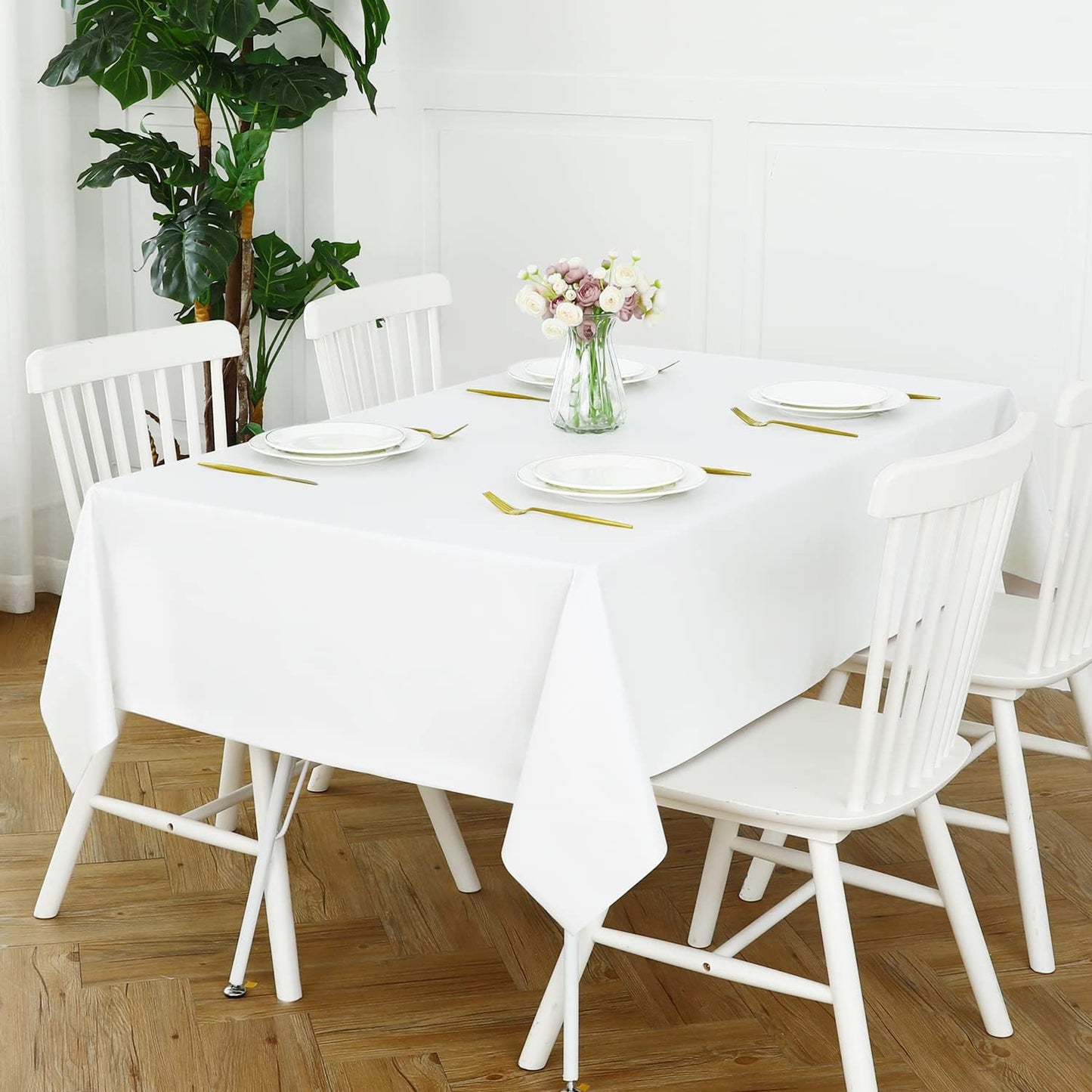 Romanstile 100% Waterproof Rectangle PVC Tablecloth, Oil Spill Proof Vinyl Table Cloth, Heavy Duty Wipe Clean Plastic Table Covers for Kitchen/Dining/Parties - 54 x 108 Inch, White