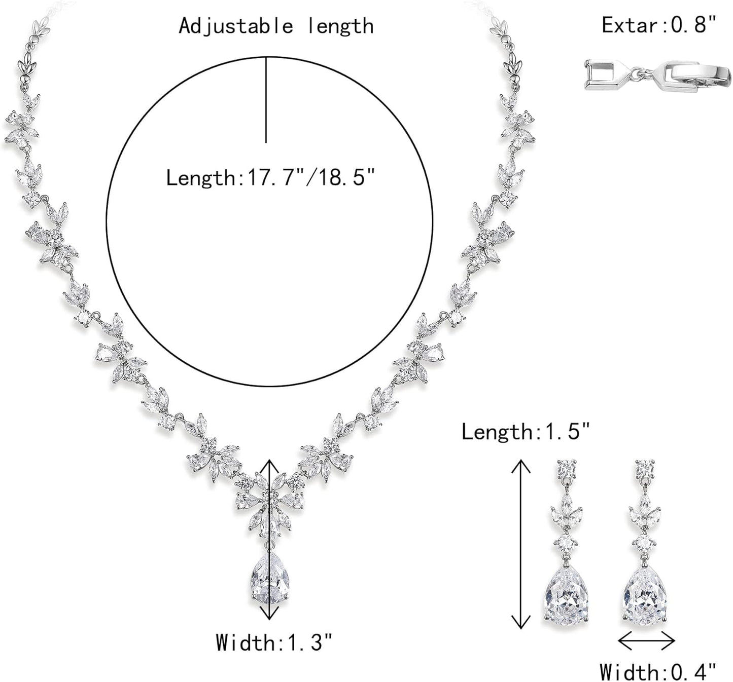 Crysdue Wedding Jewelry Set for Women, Floral Leaf Vine Teardrop Necklace Dangle Earrings Bracelet and Hair Comb, Cubic Zirconia Elegant Party Prom Jewellery for Bridal Bridesmaid