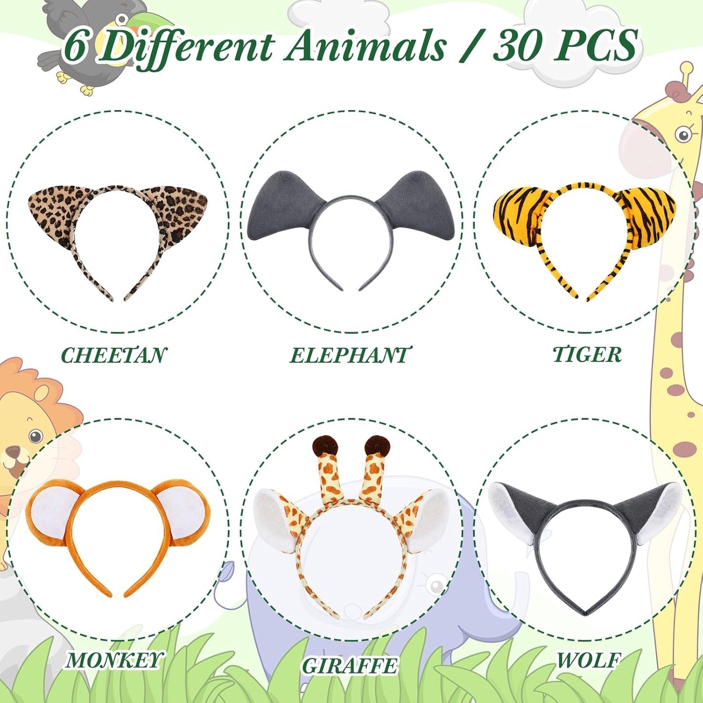 Kigeli 30 Pcs Jungle Animal Safari Ears Headbands for Hair Hoops Photo Booth Props One Birthday Halloween Favors
