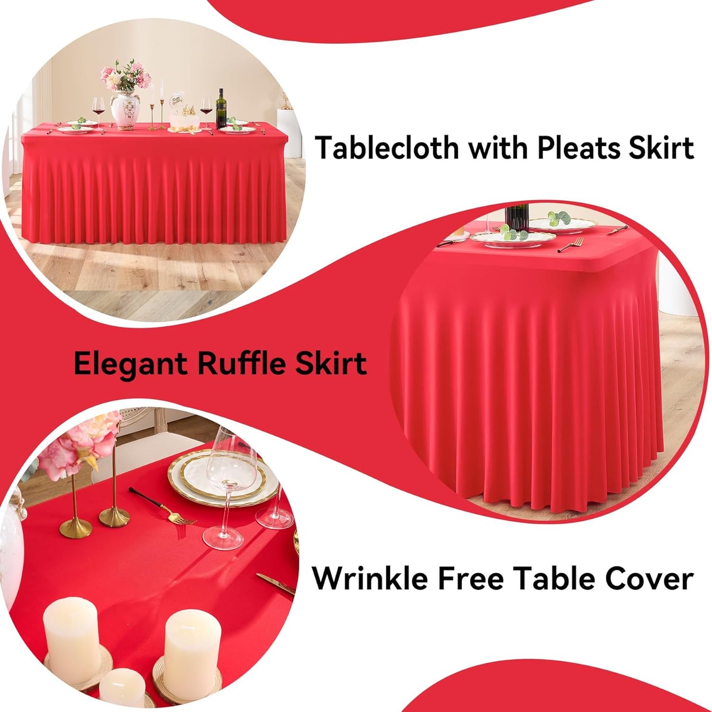 6 pk Red Spandex Tablecloth 6ft with Ruffle Skirt,Wrinkle Free High Stretch Fitted Tablecloths for 6 Foot Rectangle Tables,Pleated Skirts Spandex Table Covers 6ft for Christmas Party Banquet Wedding