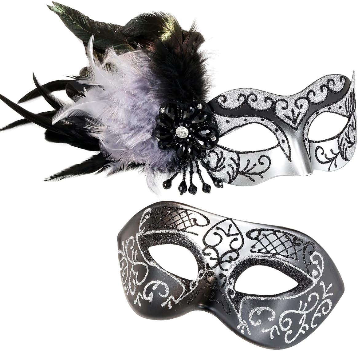 Silver Masquerade Mask for Couples -Masquerade Masks for Women with Feathers & Venetian Half Mask Halloween for Mascarade Party, Mardi Gras, Halloween Cosplay Prom, Christmas