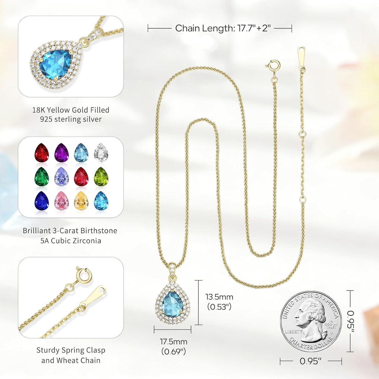 Gold Necklace for Women-Teardrop Birthstone Pendant-18K Gold Plated Chain with Light-Up Gift Box, Jewelry for Women,Anniversary Birthday Gifts for Her Wife Girlfriend Mom,Womens Jewelry