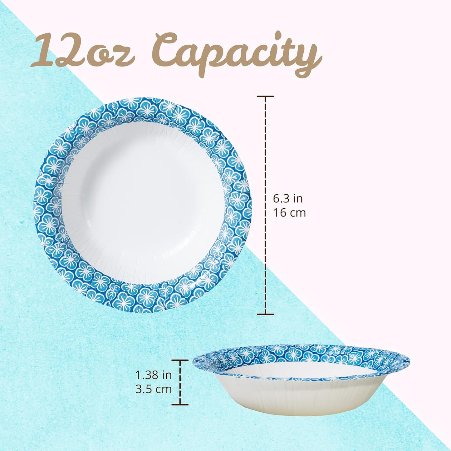 MATICAN Paper Bowls 12 oz, 150-Count Disposable Bowls, Heavy Duty Soak-Proof and Microwave-Safe Paper Bowls with Plum Blossom Harmony Design, Great for Soup, Salad, Snacks, and Party Use