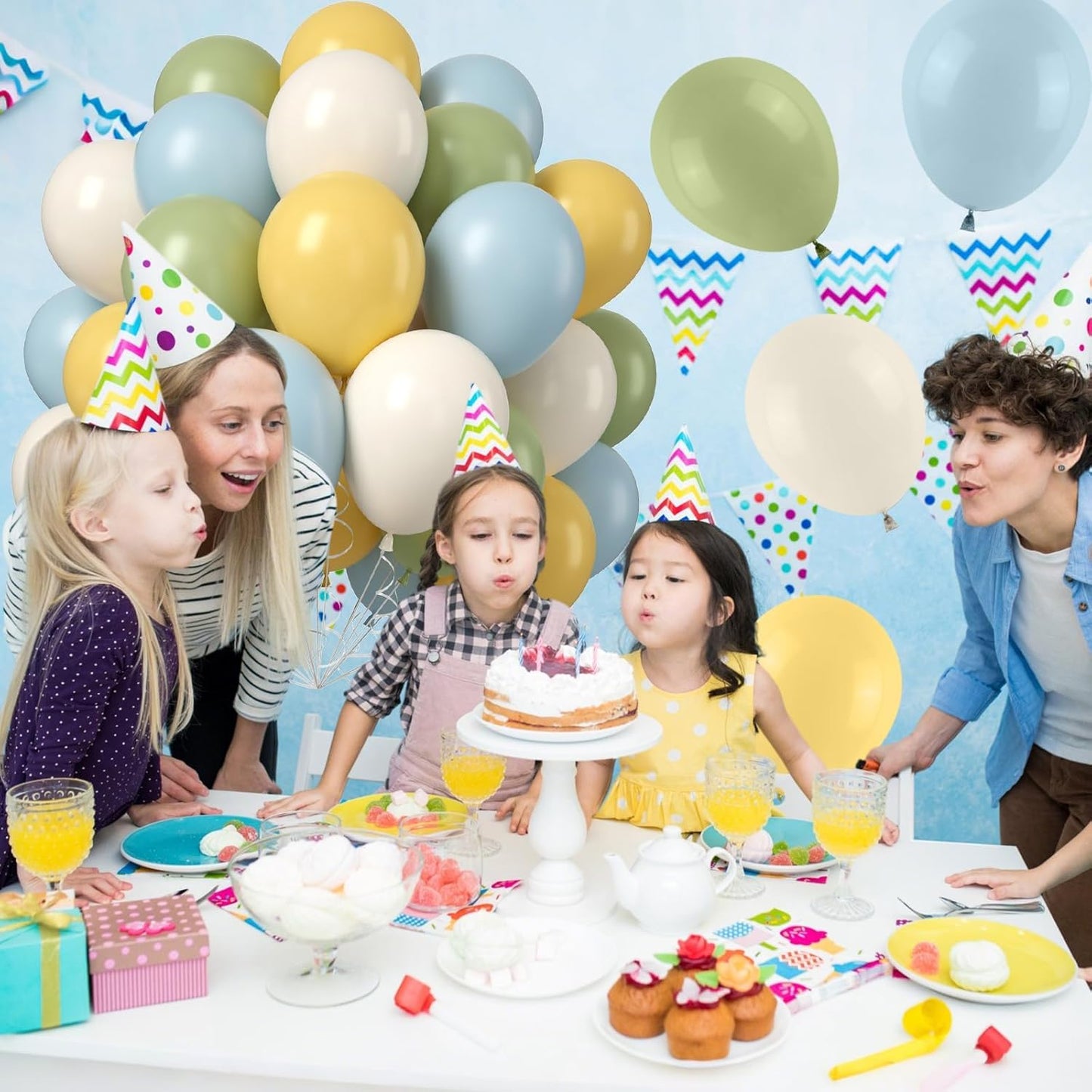 Sage Green Dusty Blue Yellow Balloons, 50PCS 12inch Olive Green Macaron Yellow Mist Blue White Sand Cream Latex Balloon for Birthday Wedding Baby Shower Party Deocrations Supplies