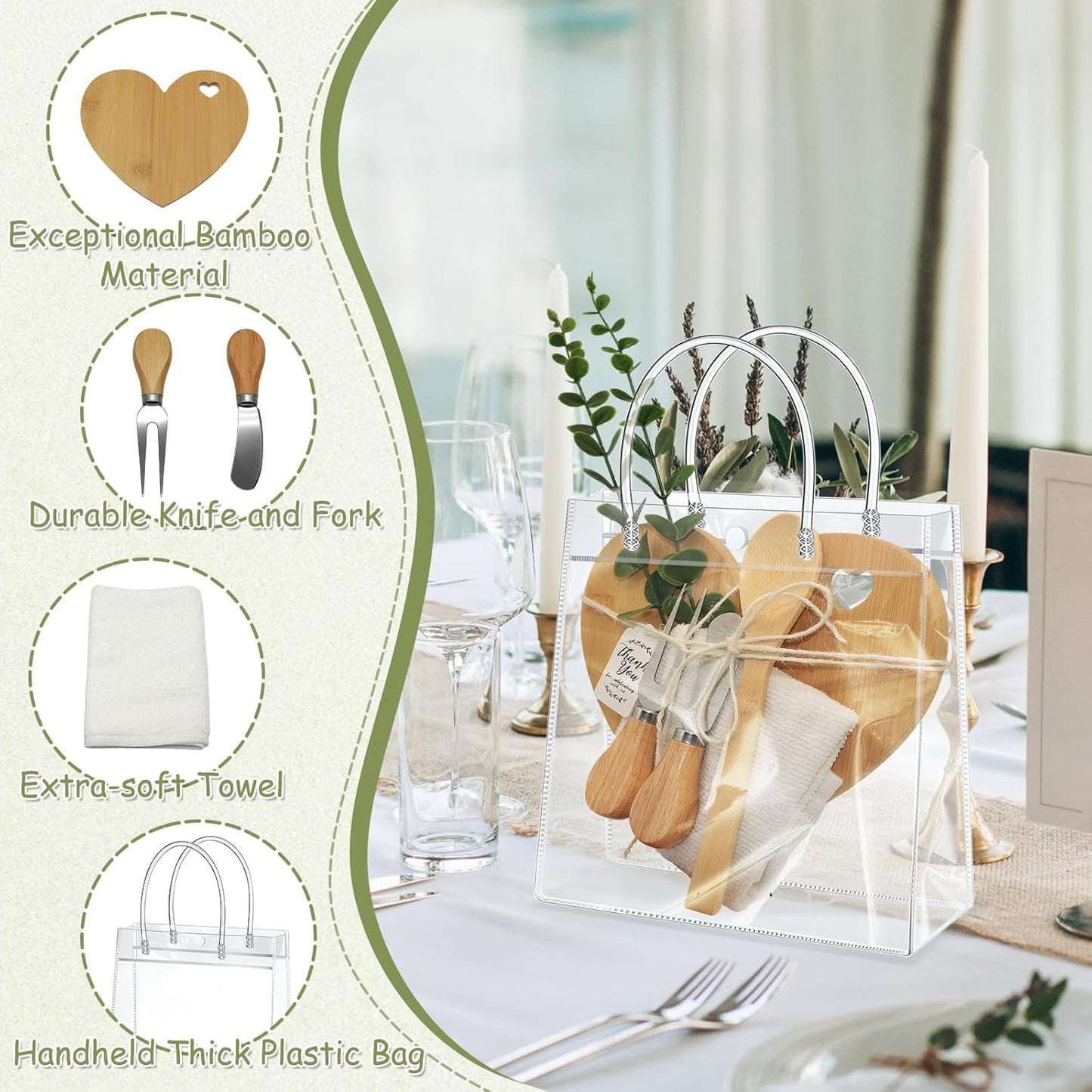 AZEAM 55Pcs Baby Shower Prizes for Game Winners, Bridal Shower Prizes with 6 Sets Heart Cheese Board Spoon Fork Butter Knife Towel Card Plastic Bag Branch, Wedding Shower Favors for Guests