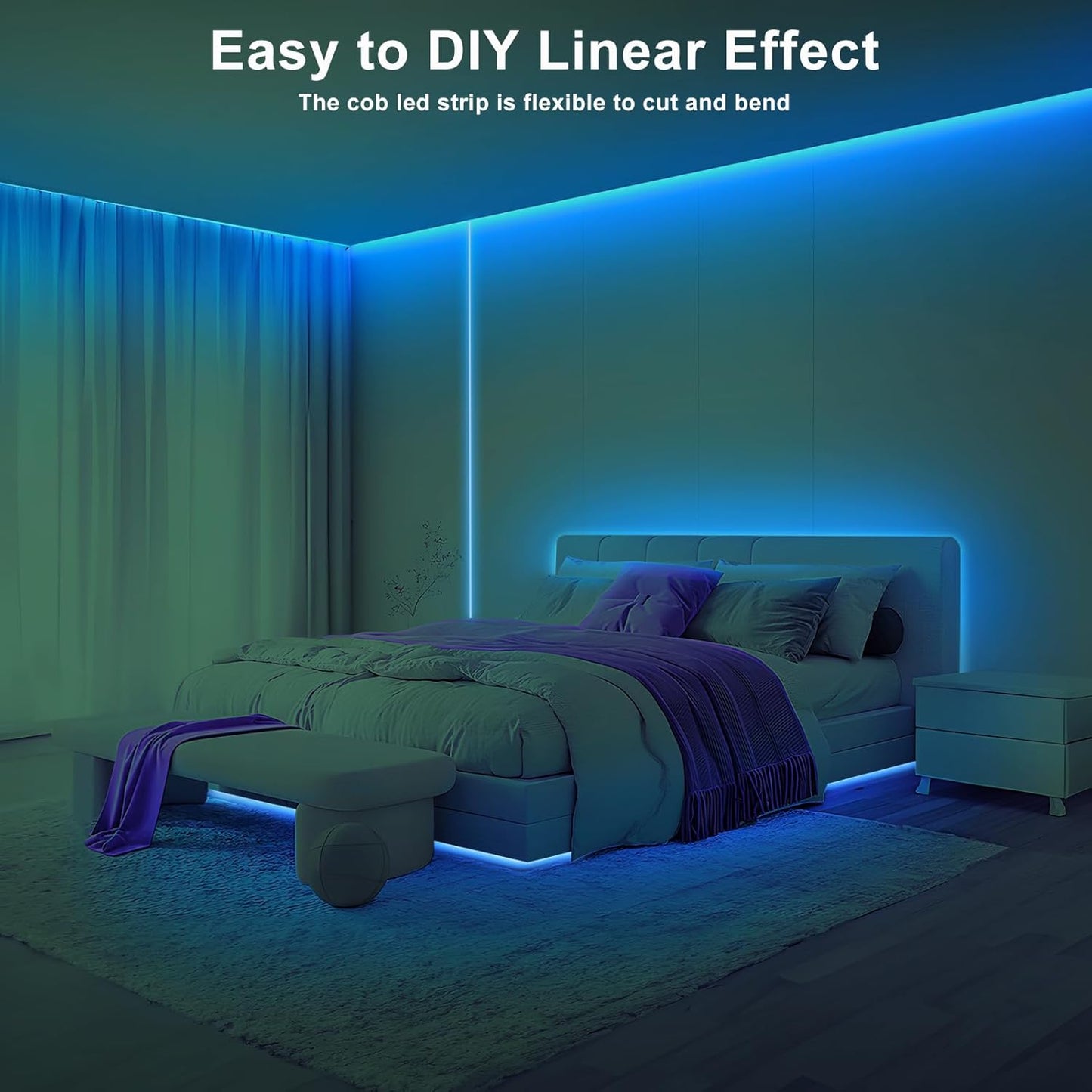 32.8ft Ice Blue COB Led Strip Lights with RF Remote, Dimmable Bright Adhesive Indoor Led COB Light Strip for Cabinet, Painting, Room, Bed