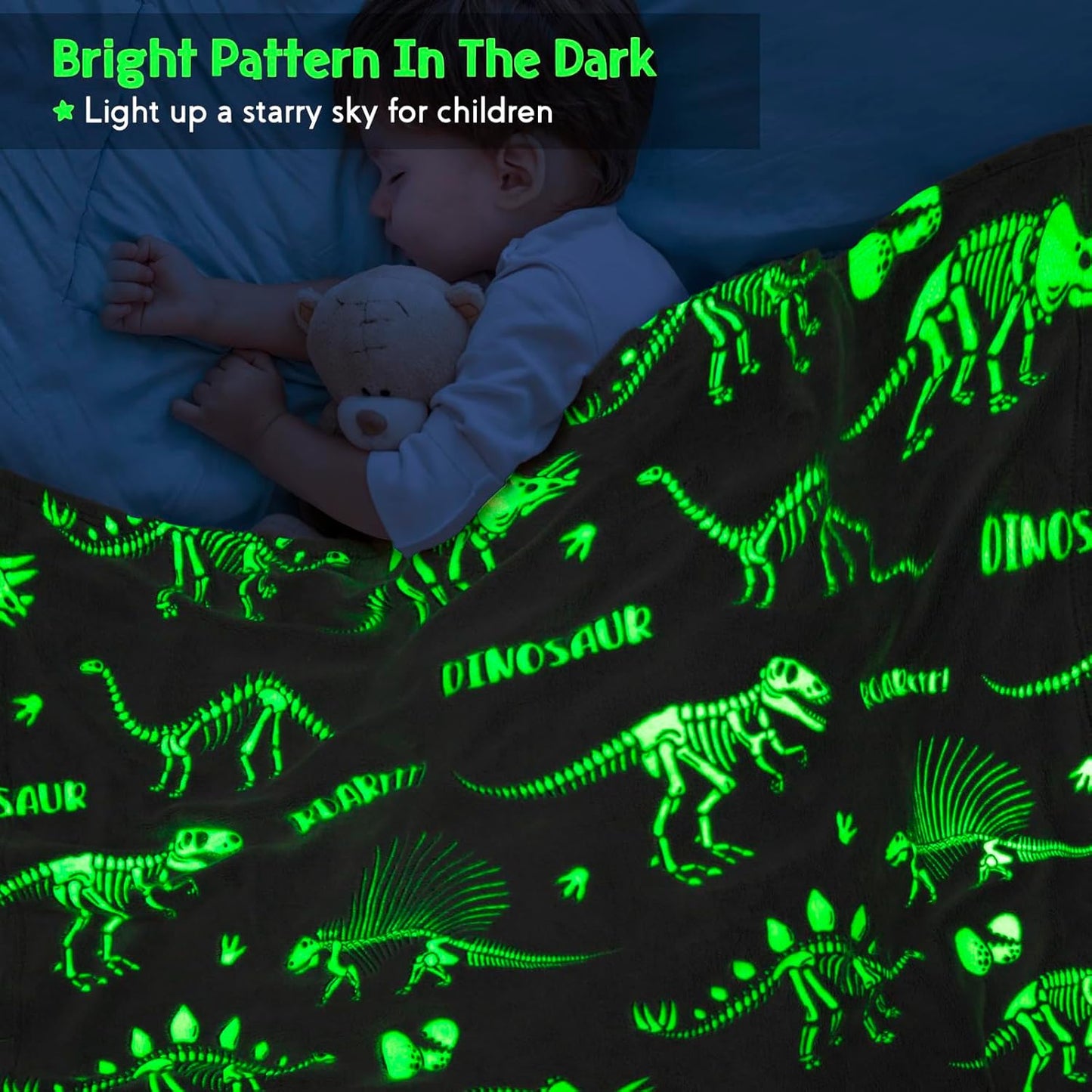 Dinosaur Gifts Toys for Kids Boys - Dino Glow in The Dark Blanket Christmas Birthday Valentines Easter Presents for Age 2 3 4 5 6 7 8 9 10 11 Years Old Teen Girls Toddler Children Throw Gray 50"x60"