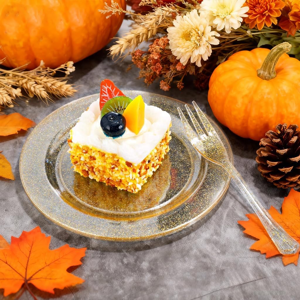 WELLIFE 120 Guests Gold Glitter Plastic Plates and Dessert Forks, 6.5 inch Disposable Dessert Plates, Durable Plastic Small Forks, Perfect for Catering, Parties &Weddings, regular