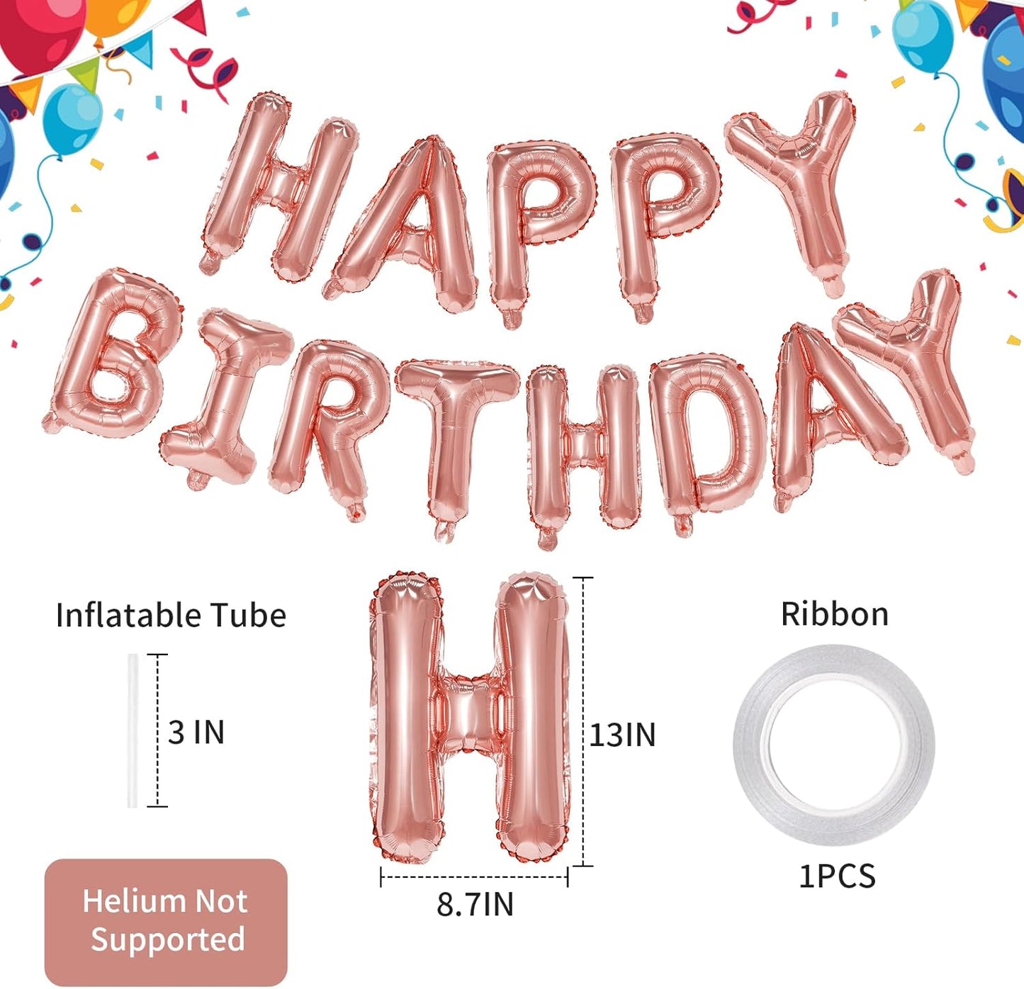 Rose Gold Happy Birthday Balloon Banner, 16 Inch Foil Mylar Happy Birthday Balloons Letters, Reusable Happy Birthday Sign, Rose Gold Birthday Decorations for Women and Girls