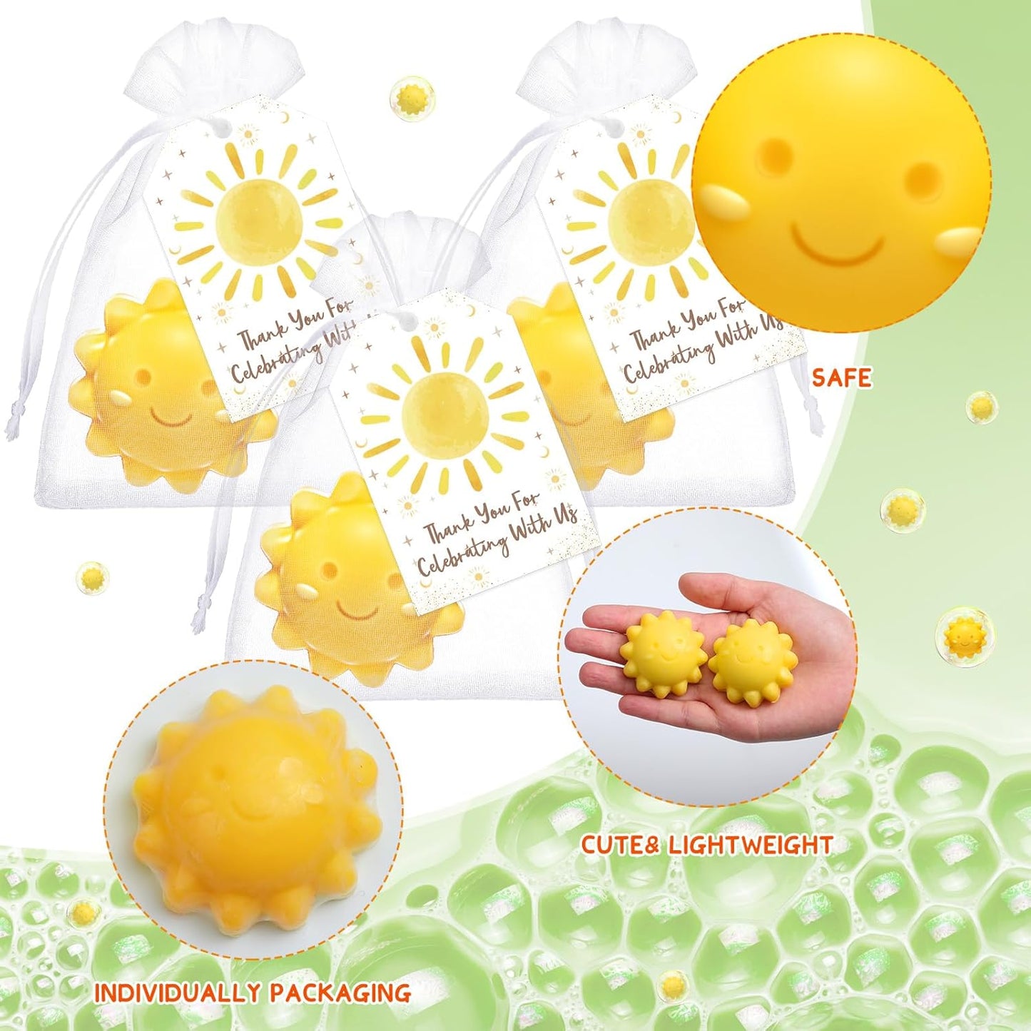 Leelosp 60 Sets Sun Soaps Baby Shower Favors Here Comes the Sun Baby Shower Gifts Mini Handmade Soaps with Thank You Card and Organza Bags for Guest Gender Reveal Sunshine Party Decor (Yellow,Cute)