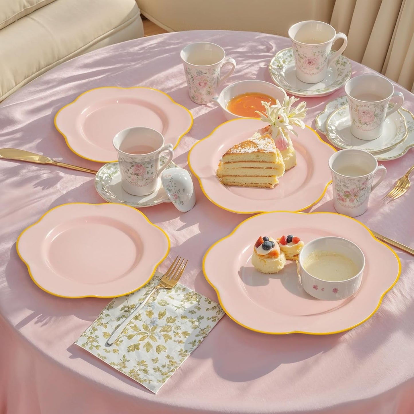 Liacere 100PCS Pink Dessert Plastic Plates - 7inch Disposable Floral Pink Gold Appetizer Cake Small Plates - Perfect for Wedding & Party & Holiday & &Baby Show