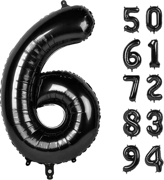 Black 40 Inch Number Balloon, 6th Birthday Decorations for Girl and Boy, Unisex, Reusable, Self-Sealing, Gold Accents, Party Supplies, 1 Piece