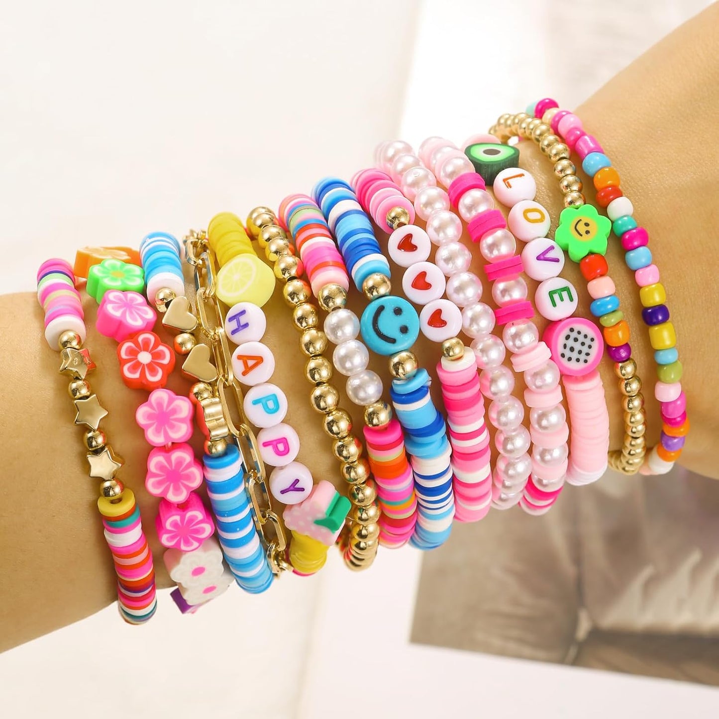 Heishi Surfer Clay Bead Bracelets Set for Women - Preppy Smile Evil Eye Beaded Stretch Bracelets Elastic Layering Friendship Bracelets- Stackable Boho Disc Summer Jewelry Set