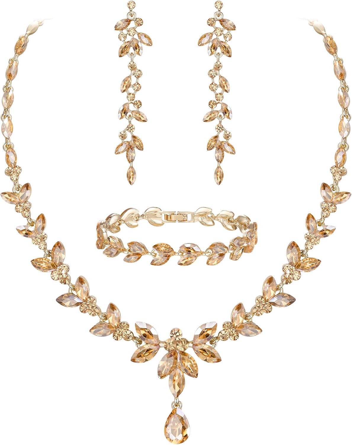 EVER FAITH Austrian Crystal Bridal Bridesmaid Jewelry Sets, Elegant Marquise Rhinestone Leaf Necklace Dangle Earrings Tennis Bracelet Set for Women