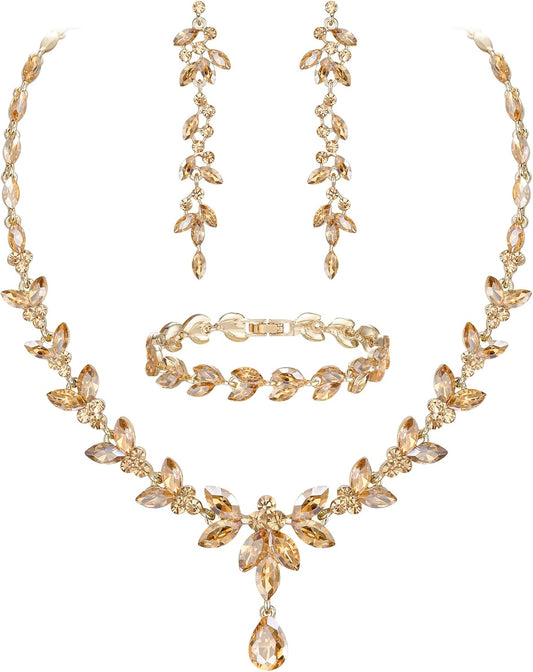 EVER FAITH Austrian Crystal Bridal Bridesmaid Jewelry Sets, Elegant Marquise Rhinestone Leaf Necklace Dangle Earrings Tennis Bracelet Set for Women