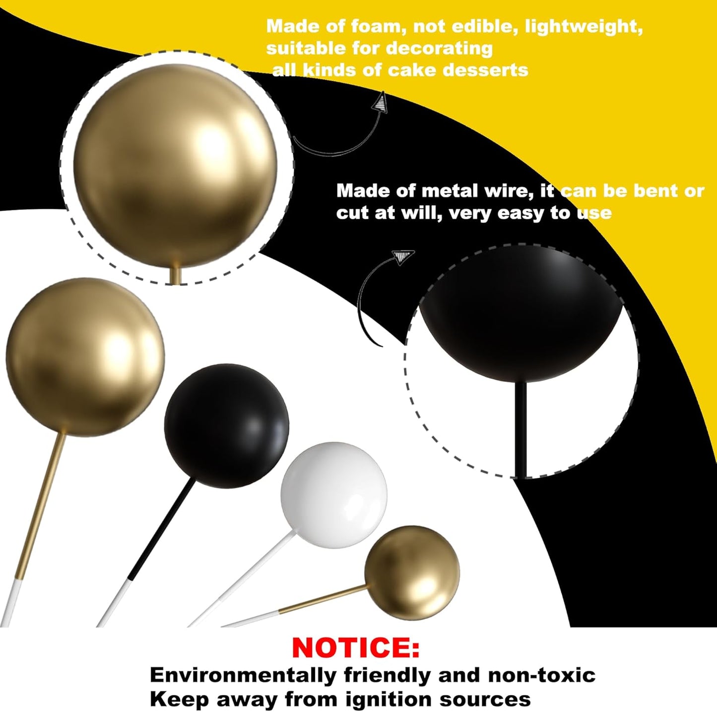 36 Pack Balls Cake Topper Decorations Foam Balloons Cake Decorations Sticks Mini Balloons Cake Toppers Balls Cake Picks for Baby Shower Wedding Anniversary Birthday Party Decorations Black White Gold