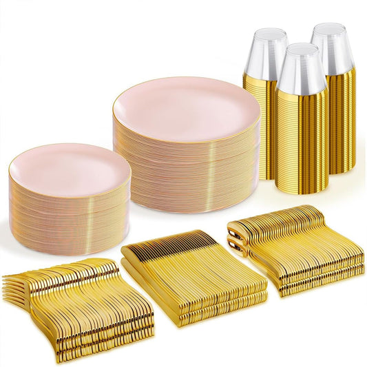WDF 300Pcs Pink Plates Disposable - Pink and Gold Plastic Dinnerware Set for 50 Guests Include 50 Dinner & Cake Plates, 50 Disposable Cutlery, 50 9oz Cups for Wedding & Party & Baby Shower