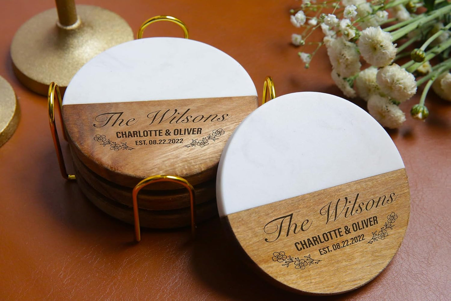 Personalized Coasters for Couples, Wedding, Housewarming Gifts for Home Decorataions, Custom Coaster for Newlyweds, Anniversary, Christmas, Engagements, Valentines Day, Two-Tone Marble and Wood