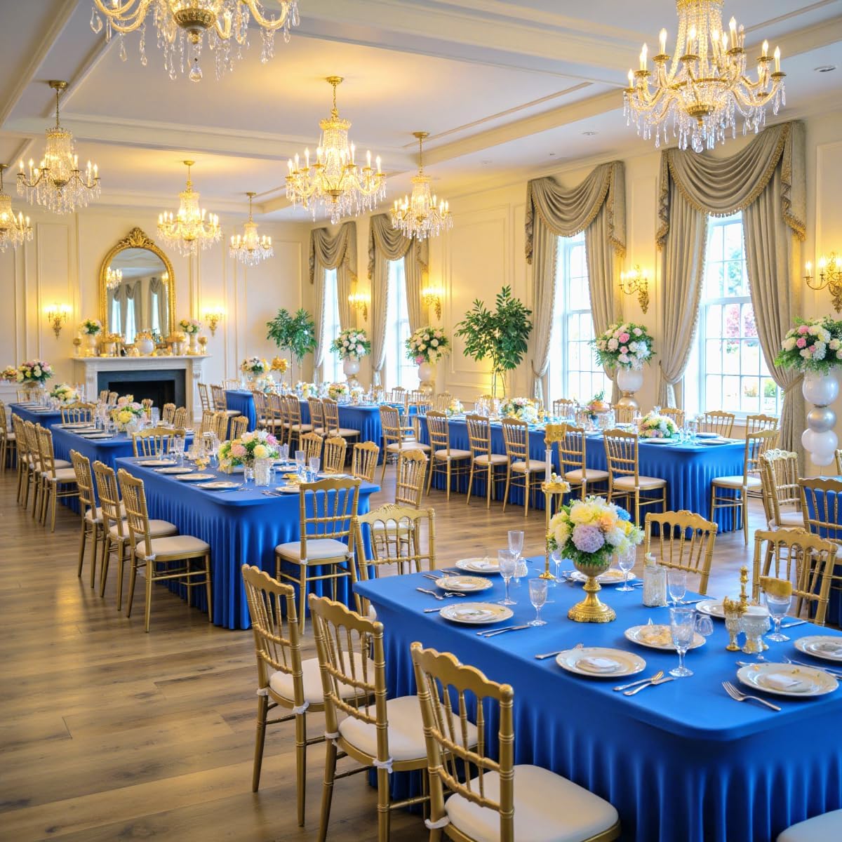 Leegleri 6 Pack Royal Blue Spandex Tablecloths for 8ft Rectangle Tables, Wrinkle Free Fitted Table Cloths with Skirt for Parties, Weddings, Birthday, Banquet, Baby Shower