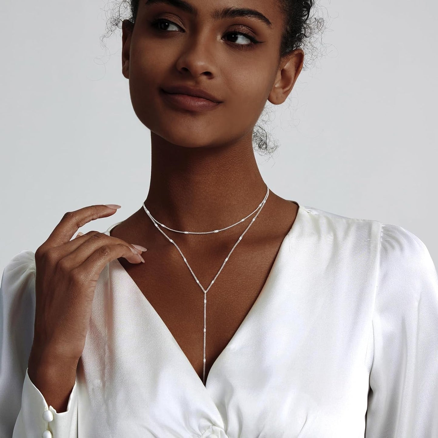 Lariat Gold Necklace for Women, Dainty Long Necklace 14k Gold Plated/Silver Y-Shaped Layered Beaded Chain Drop Necklaces for Women Trendy Simple Gold Jewelry for Women Gifts