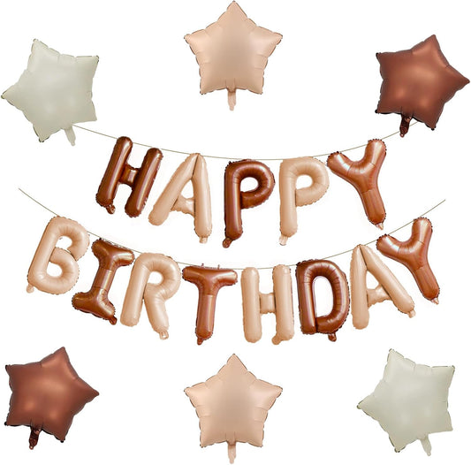 KALOR Brown and Beige Happy Birthday Balloons Kit with16 Inch Mylar Foil Letters Balloon and Star Balloons for Women, Men, Boys & Girls Kids Birthday Decorations Photo Backdrop