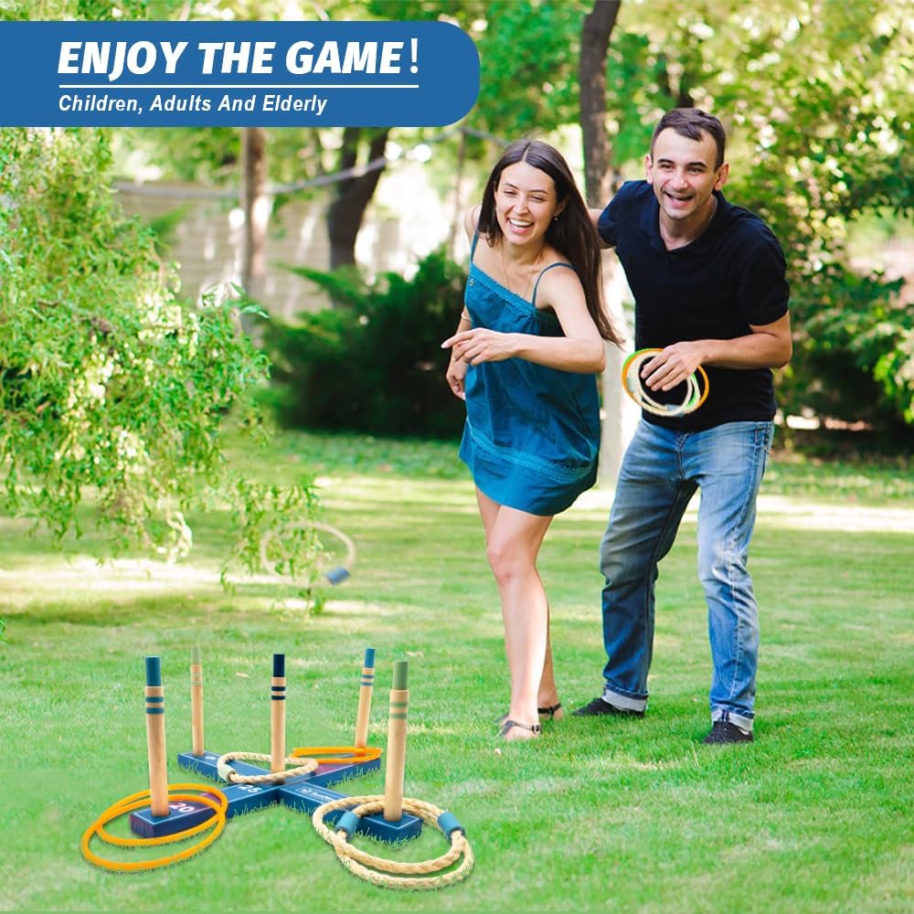 Wooden Ring Toss Game Set, Backyard Beach Camping Game with Toss Rings & Portable Carrying Bag, Outdoor Lawn & Yard Games for Kids, Adults & Family