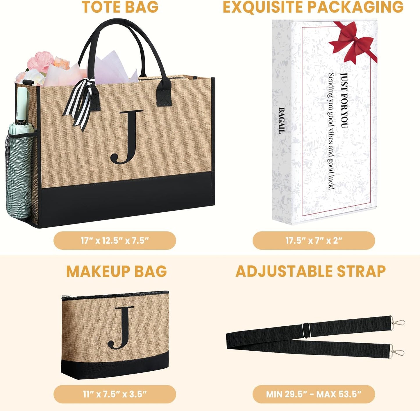 BAGAIL Initial Tote Bag, Personalized Birthday Gifts for Women, Teacher, Friends, Mom, Wedding, Monogrammed Beach Bag