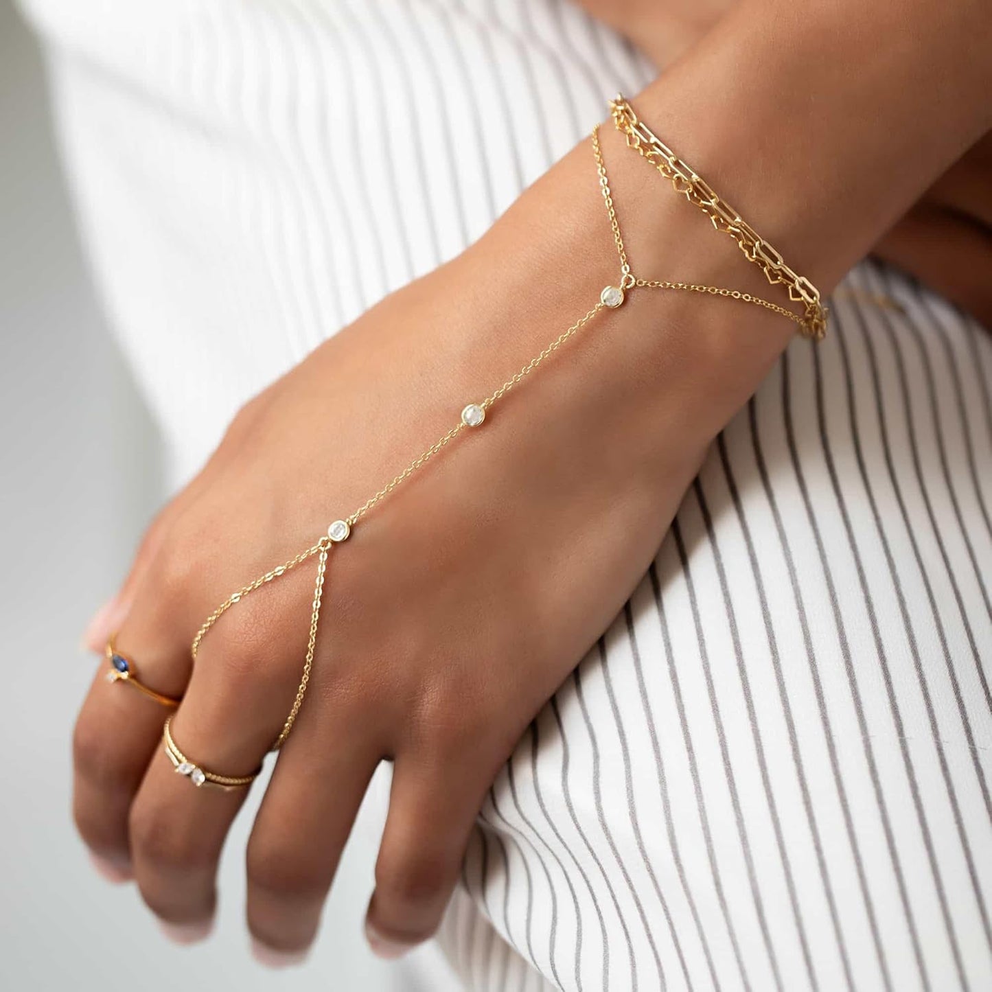 Listine Hand Chain Bracelet 14K Gold Plated Ring Bracelet Hand Chain Trendy Stuff for Women Dainty Hand Bracelets with Finger Ring Hand Jewelry for Women