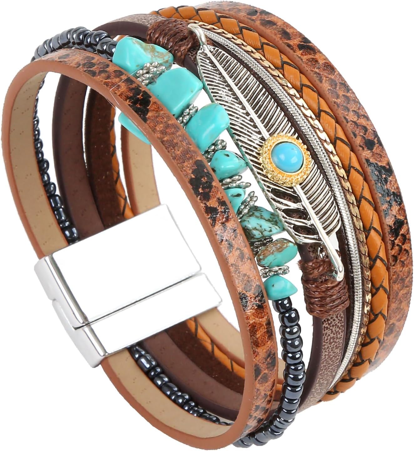 Fesciory Leopard Bracelet for Women, Boho Leather Wrap Multi-Layer Pearl Crystal Bracelet Bangle Jewelry