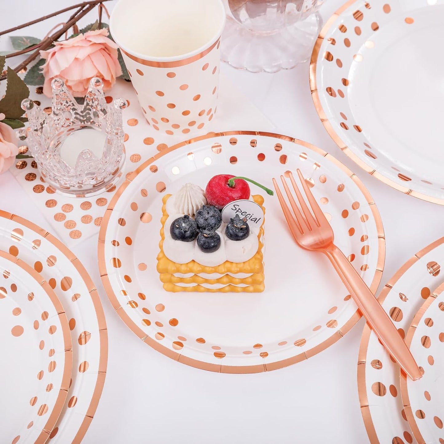 Supernal 350pcs Rose Gold Party Supplies,Plates and Napkins Sets,Happy Birthday Plate, Party Supplies Plates, Cups, Spoons, Fork, Napkins,Rose Gold Plastic Silverware for Wedding Birthday Decorations