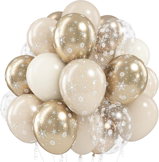 Snowflake Balloons Winter Wonderland Beige Gold Cream White Sand Balloons Neutral Boho Winter Balloon Set for Ice Onderland Snow Holiday Birthday Christmas Baby Bridal Shower Party Decorations