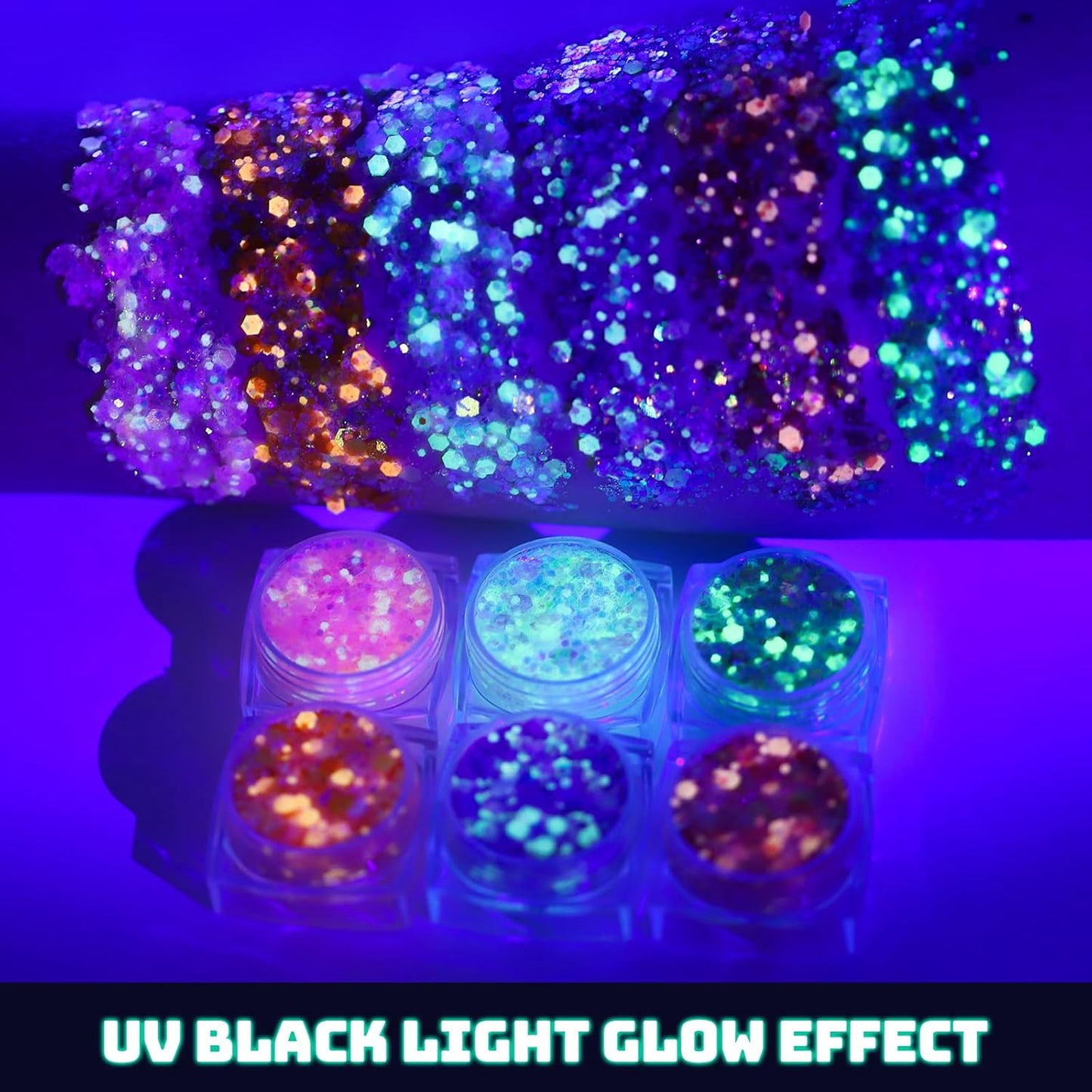 Teenitor 6 Colors Body Glitter Face Glitter, Glow in The Dark Glitter Gel, Glow in The Dark Face Paint for UV Black Light Concerts Party Rave Accessories