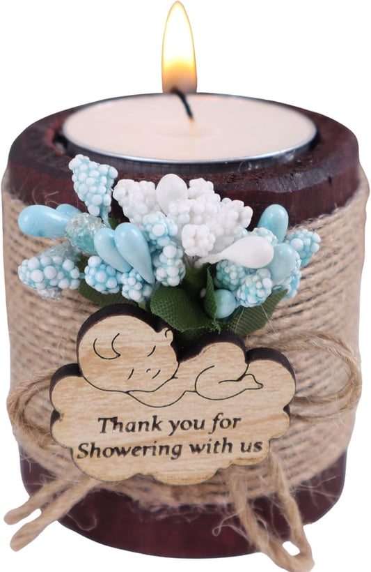 HTF Pack of 10 Baby Shower Decorations Wood Tealight Candle Holder, Babyshower Gifts, Gender Reveal Favors, Baby Shower Favors Wood Candle Holders (BS-Blue, Dark Brown)
