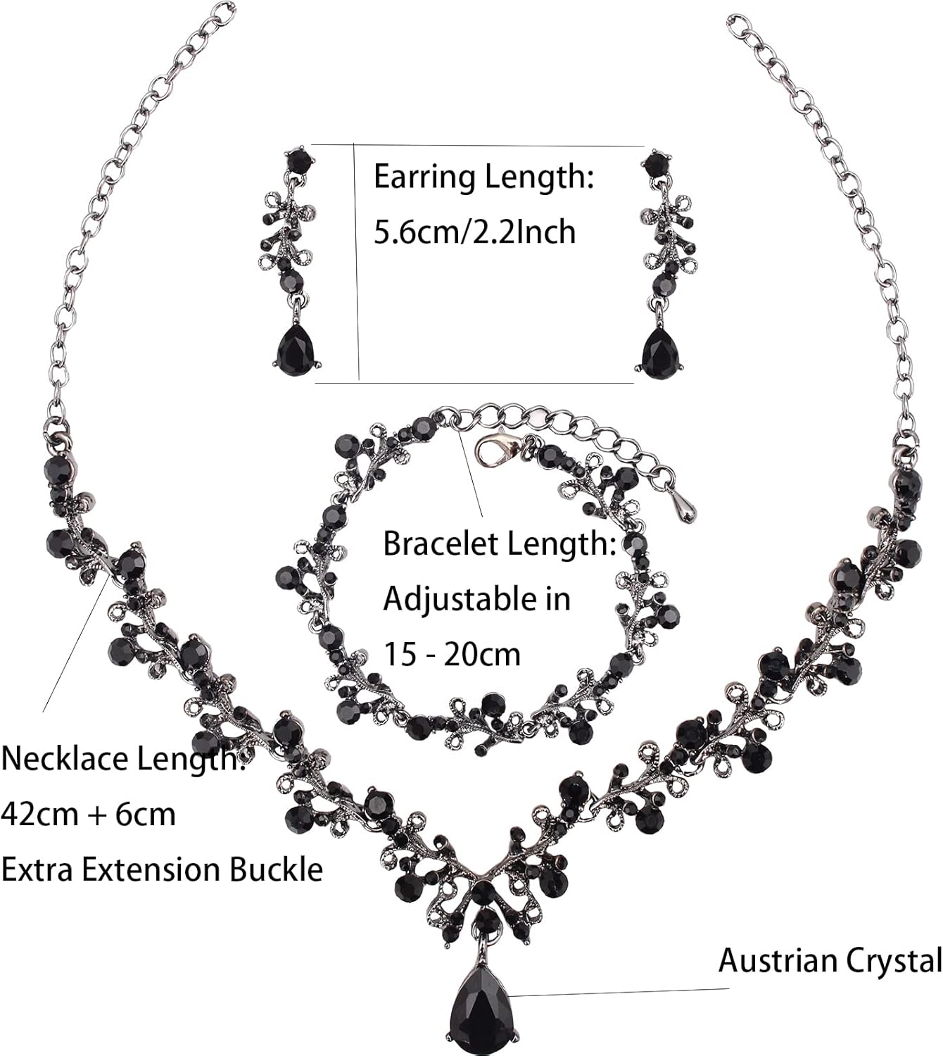3Pcs Austrian Crystal Jewelry Set for Women, Necklace Dangle Earrings Link Bracelet Jewelry Set with Gold/Platinum/Gun Plated, Wedding Party Jewelry for Bridal Bridesmaid