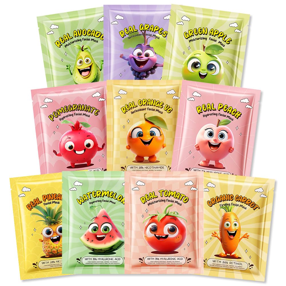 Kaely 10 Pack Fruit Face Masks for Kids, Kids Face Mask Spa Day Kit Supplies, Spa Party Favors for Teens Girls Women, Sheet Facial Mask Skincare Gifts Set, Moisturize Soothe for All Skin Types, 01