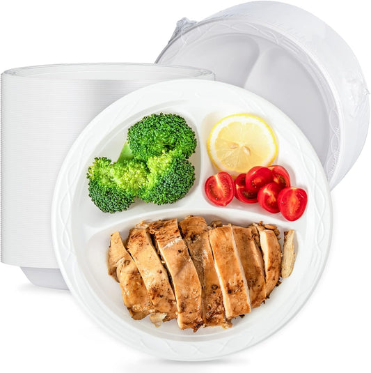Party Plates Mineral Filled PP Plastic 9" - 150 Pack Shrink Wrap BPA Free Dinner Tray | Dishwasher & Microwave Safe | 3 Compartment Heavy Duty White Reusable & Disposable Plate for Catering