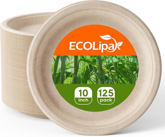 ECOLipak 100% Compostable 10 Inch Paper Plates, 125 Pack Heavy Duty Disposable Biodegradable Eco-friendly Sugarcane Bagasse Plates for Dinner Party Thanksgiving