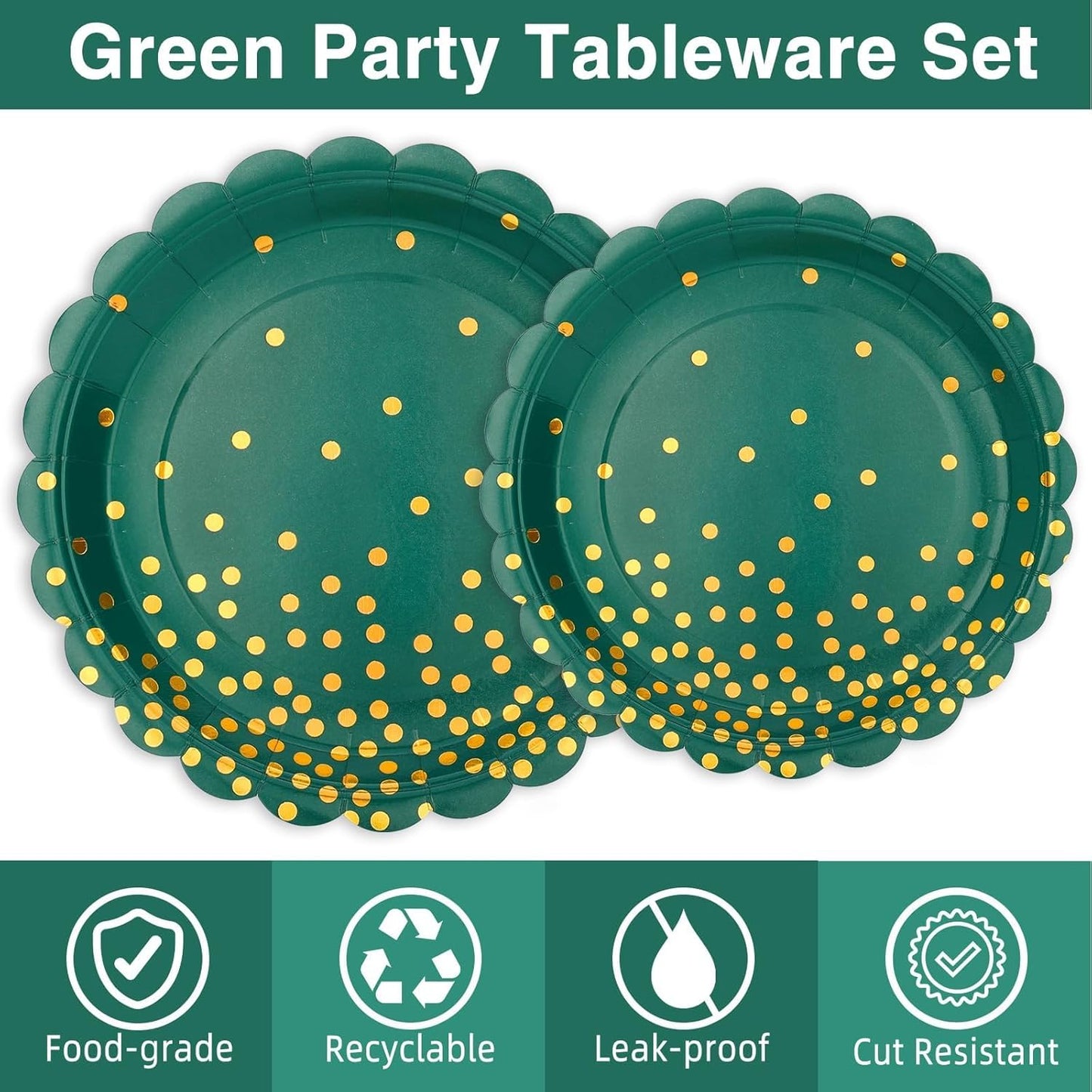 175Pcs Green and Gold Party Decoration - Green Plates and Napkins Party Supplies - Scalloped Paper Plates for Birthday Graduation Decorations, Serve 25 Guests