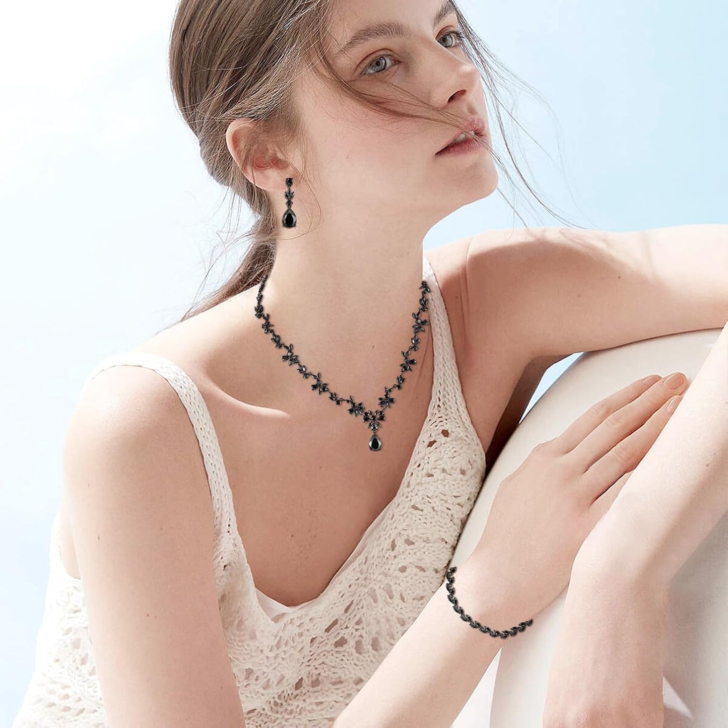 Hadskiss Jewelry Set for Women, Necklace Dangle Earrings Bracelet Set with White AAA Cubic Zirconia, Allergy Free Wedding Party Jewelry for Bridal Bridesmaid