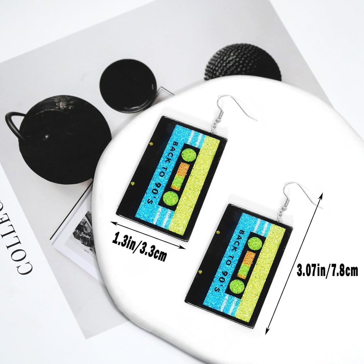 90s 80s Earrings for Women Retro Cassette Tape Earrings Acrylic Radio Tape Drop Dangle Earring for Halloween Cosplay Glow Party Music Festival Costume Accessories
